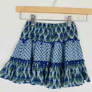 Pink chicken, BoHo, purple gray & blue tiered black print skirt sequin detail 2Y